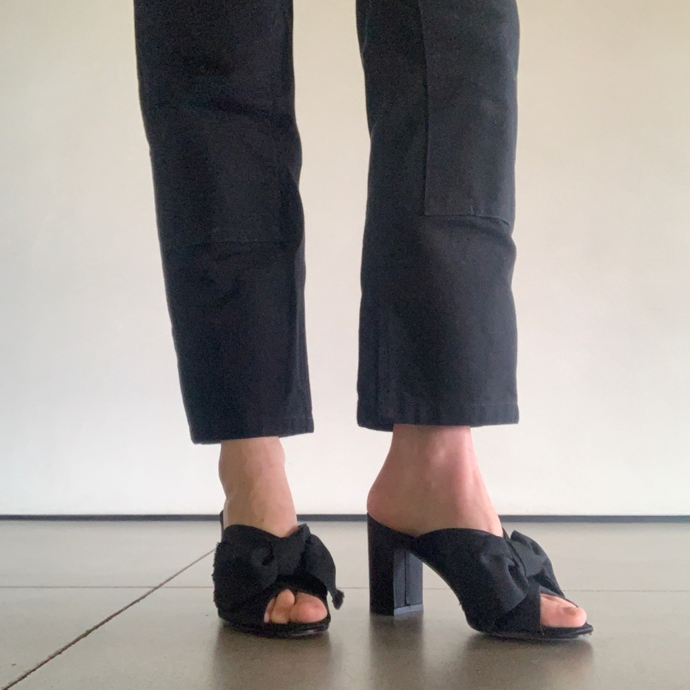Trademark Black Satin Heels with Grosgrain Bow and Peeptoe